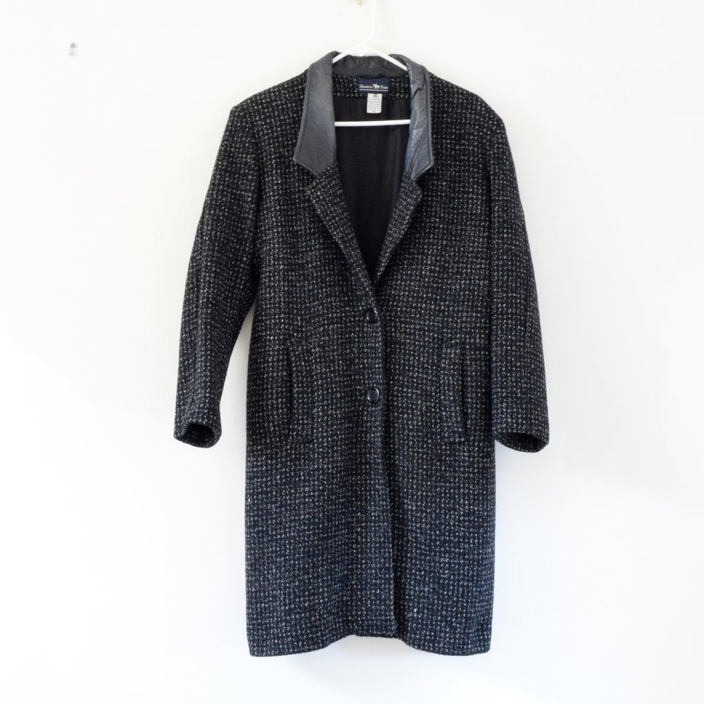 HUNTERS RUN Vintage Wool Boucle Genuine Leather Trim Midi Coat | Size M